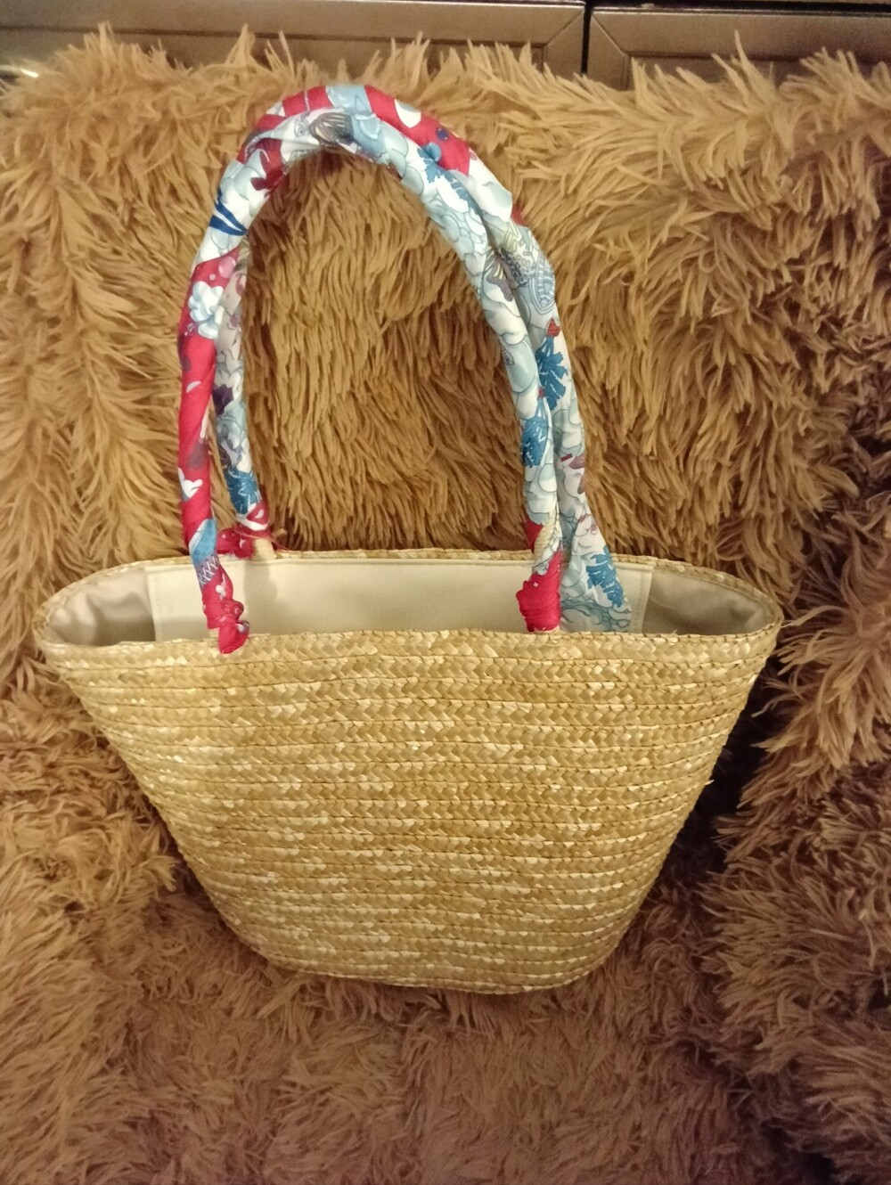 Vintage Havana Straw Tote w/ 'HELLO SUMMER' Script/ Floral-Wrapped Handles NWT - Picture 2 of 4